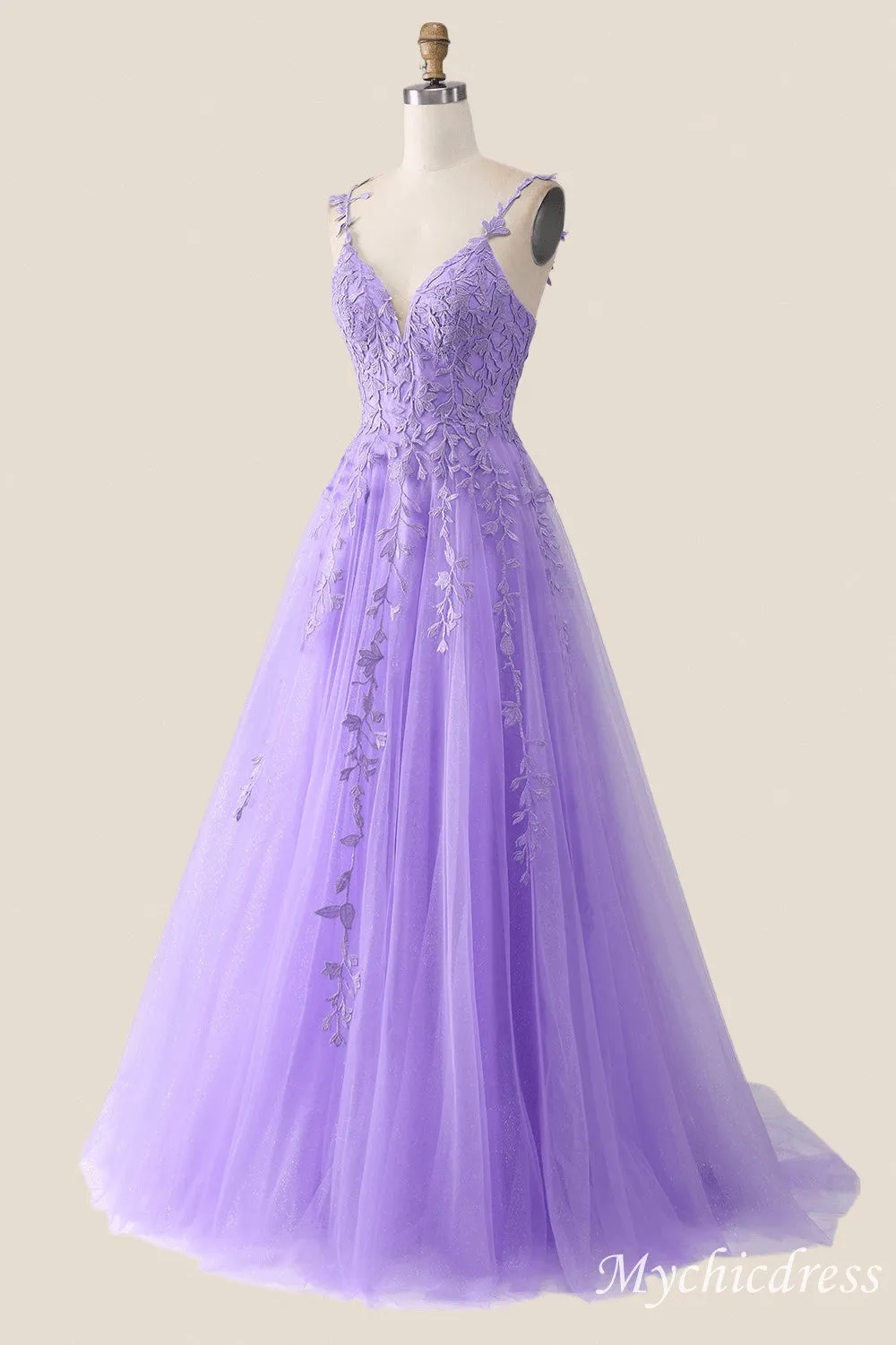 A-Line V Neck Formal Wedding Guest Dress Lavender Lace Long