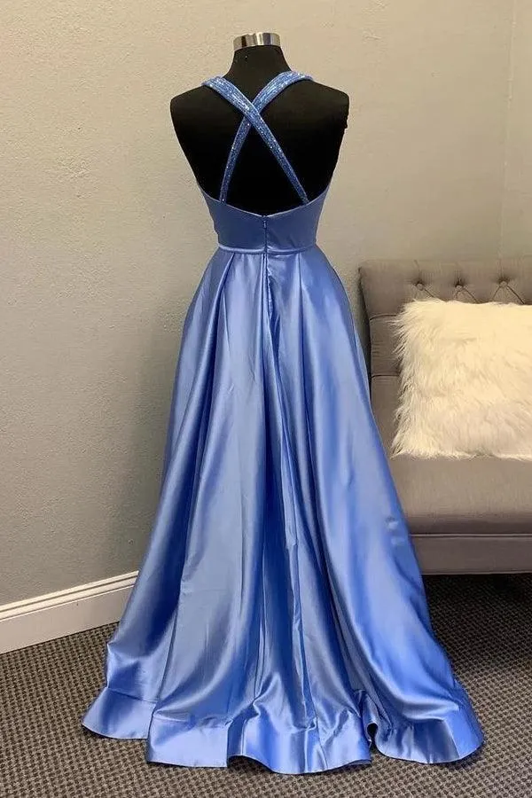 A-line V neck Satin Unique Long Prom Dresses Formal Gowns TP1063