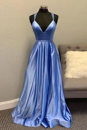 A-line V neck Satin Unique Long Prom Dresses Formal Gowns TP1063