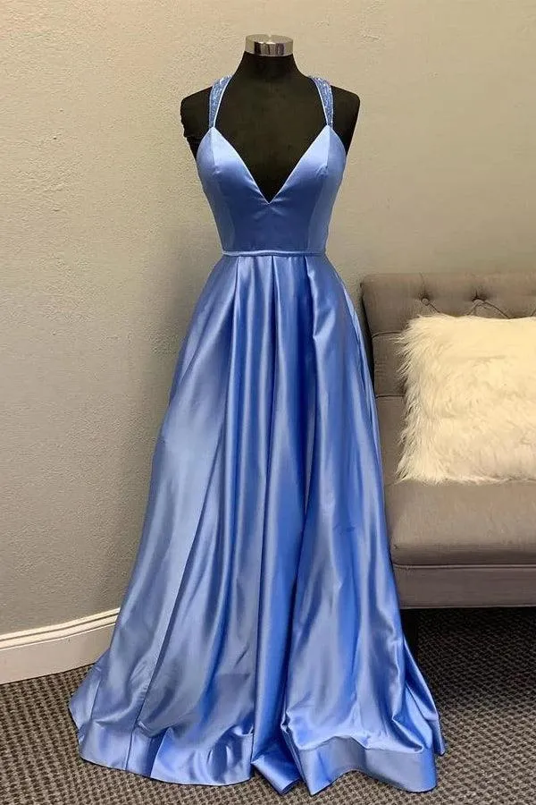 A-line V neck Satin Unique Long Prom Dresses Formal Gowns TP1063