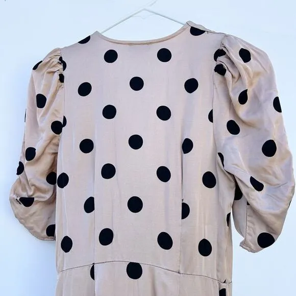 AFRM Suki Dress Ruched Nude Polka Dot Midi Slit Satin Dress Small Influencer