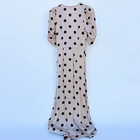 AFRM Suki Dress Ruched Nude Polka Dot Midi Slit Satin Dress Small Influencer