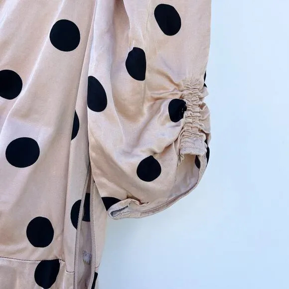 AFRM Suki Dress Ruched Nude Polka Dot Midi Slit Satin Dress Small Influencer