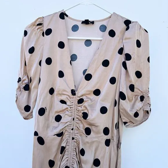 AFRM Suki Dress Ruched Nude Polka Dot Midi Slit Satin Dress Small Influencer