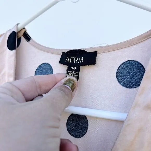 AFRM Suki Dress Ruched Nude Polka Dot Midi Slit Satin Dress Small Influencer