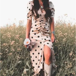 AFRM Suki Dress Ruched Nude Polka Dot Midi Slit Satin Dress Small Influencer
