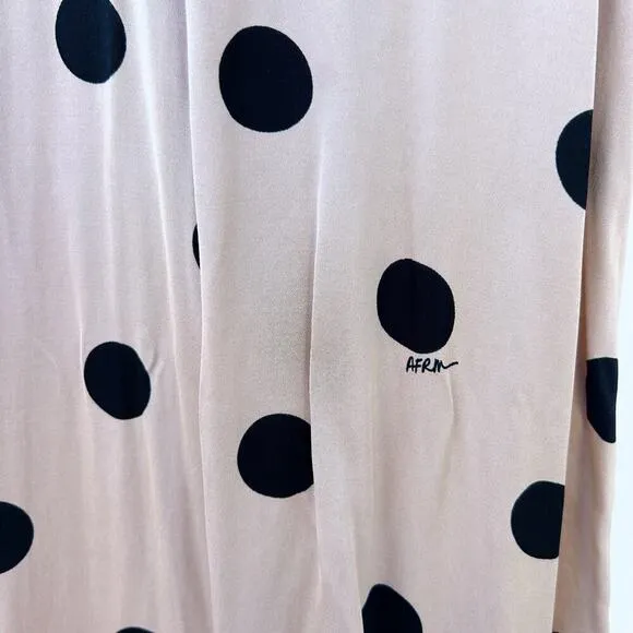 AFRM Suki Dress Ruched Nude Polka Dot Midi Slit Satin Dress Small Influencer