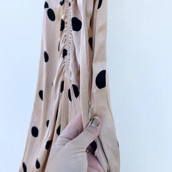 AFRM Suki Dress Ruched Nude Polka Dot Midi Slit Satin Dress Small Influencer