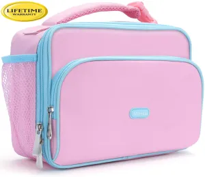 Amersun Kids Lunch Box,Durable Insulated School Lunch Bag with Padded Liner Keeps Food Warm Cold Longer Time,Small Water-resistant Thermal Travel Office Lunch Cooler for Teen Girls-2 Pockets,Pink