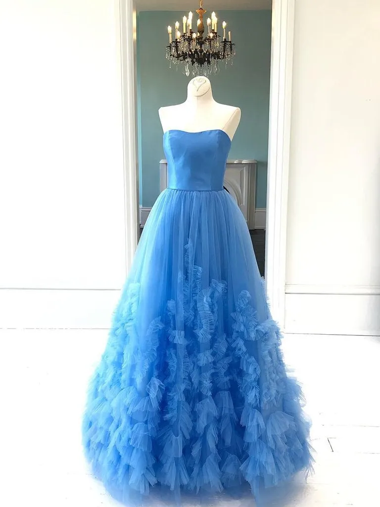 Anneprom Vintage Long Blue Prom Dresses Simple Strapless Evening Gowns Formal Dresses APP0463