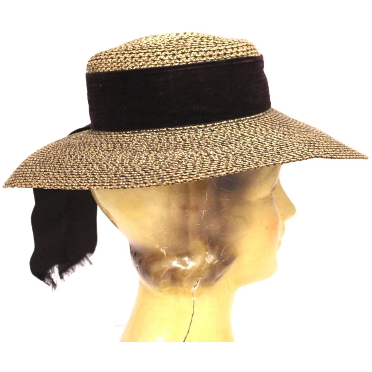 Antique Edwardian Wide Brimmed  Ladies Hat 2 Tone Bronze Straw 6 1/4 Small Head
