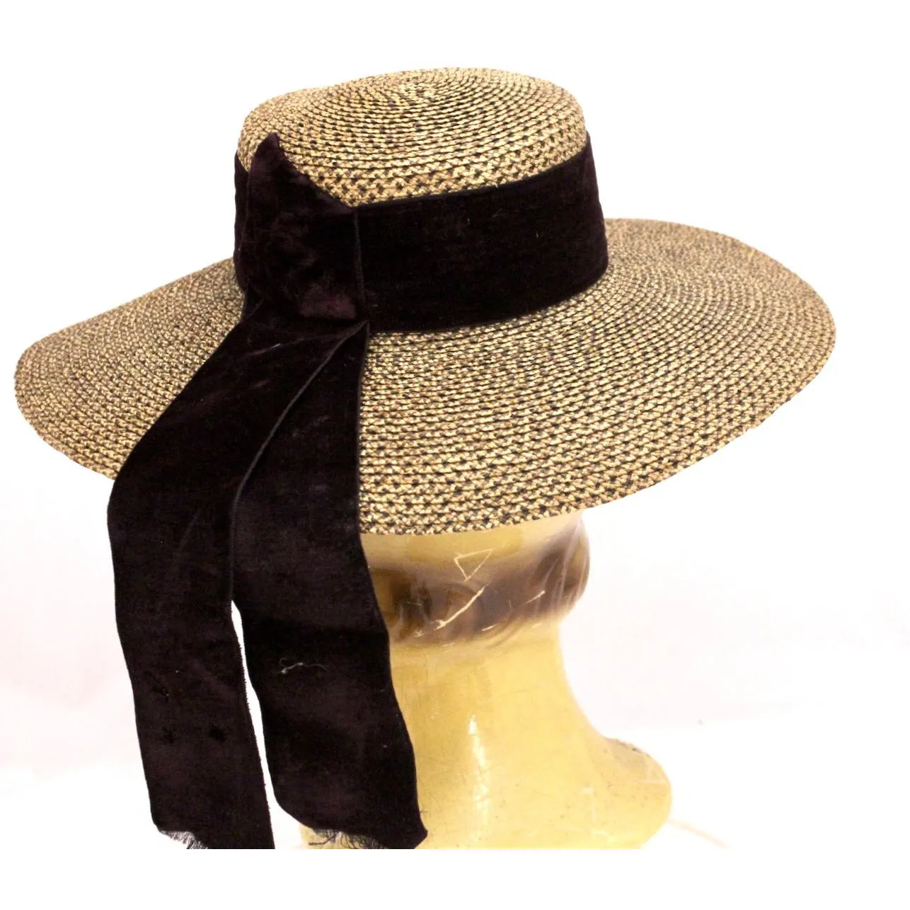 Antique Edwardian Wide Brimmed  Ladies Hat 2 Tone Bronze Straw 6 1/4 Small Head