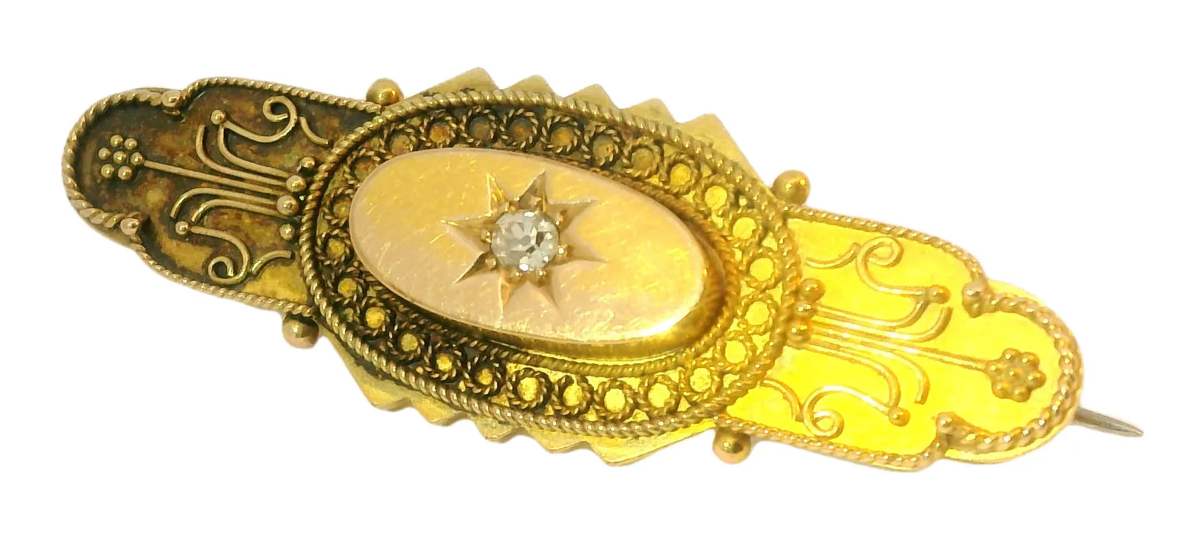 Antique Victorian 14K 15K Yellow Gold Old Mine Diamond Brooch Bar Pin
