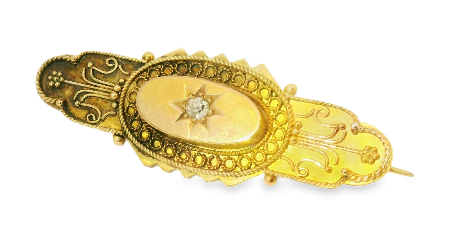 Antique Victorian 14K 15K Yellow Gold Old Mine Diamond Brooch Bar Pin