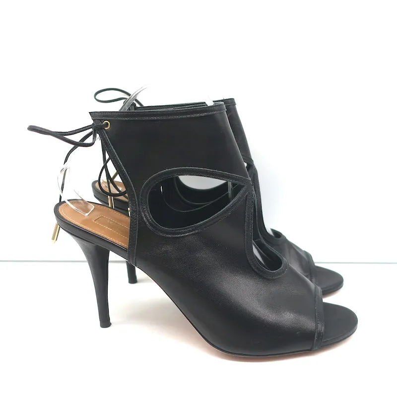 Aquazzura Sexy Thing Cutout Booties Black Leather Size 40 Open Toe Heels