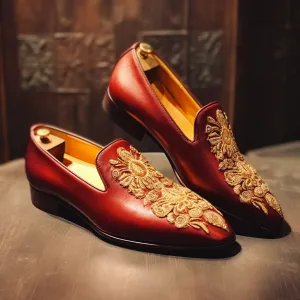 Artisian Burgundy Leather Hand Work Zardozi Peshawari Loafers | Wedding Shoes for Groom | Shoes for Haldi Mehendi Sangeet