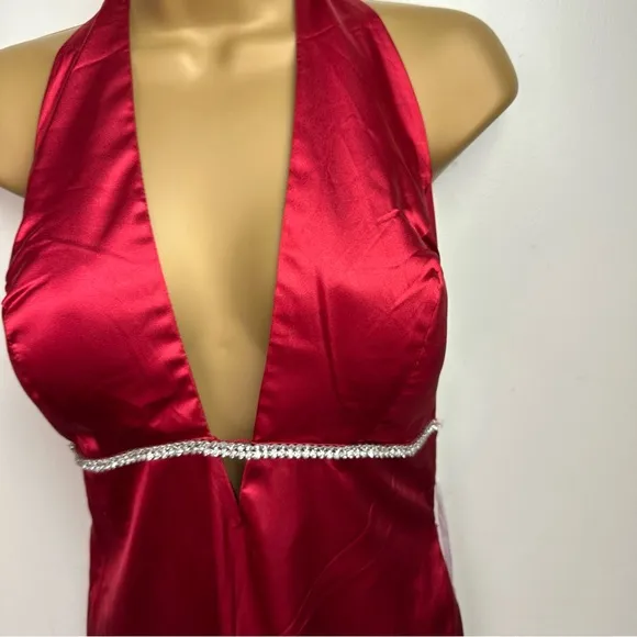 Aspeed Red Satin HalterNeck Open Back Rhinestones Long Formal Dress NWT L *Flaw*