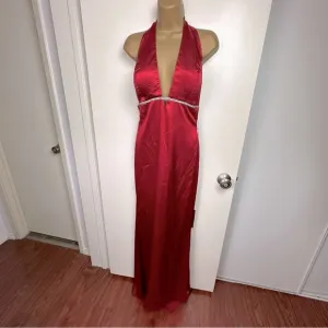 Aspeed Red Satin HalterNeck Open Back Rhinestones Long Formal Dress NWT L *Flaw*