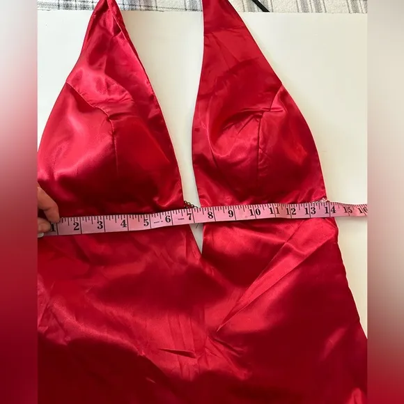 Aspeed Red Satin HalterNeck Open Back Rhinestones Long Formal Dress NWT L *Flaw*