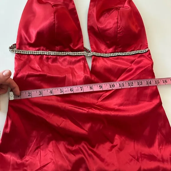 Aspeed Red Satin HalterNeck Open Back Rhinestones Long Formal Dress NWT L *Flaw*