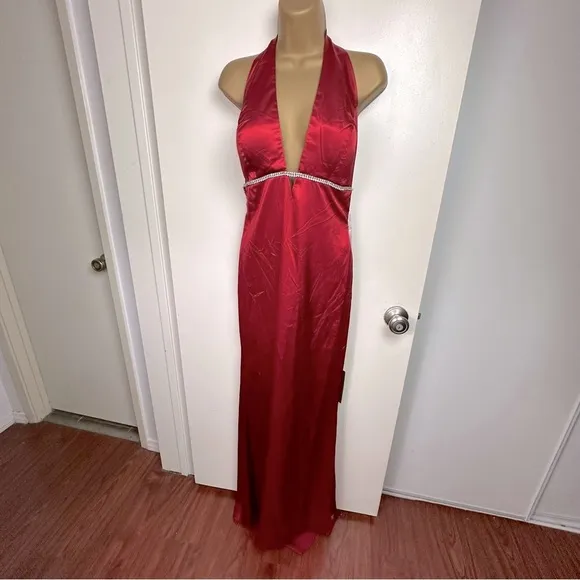 Aspeed Red Satin HalterNeck Open Back Rhinestones Long Formal Dress NWT L *Flaw*