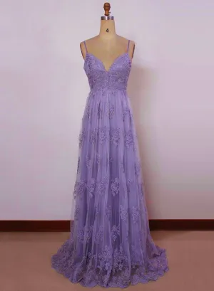 Beautiful Light Purple Straps with Lace Elegant Party Dress, Tulle Evening Gowns