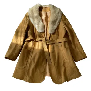 Beige 70s Suede Coat with Fur Collar