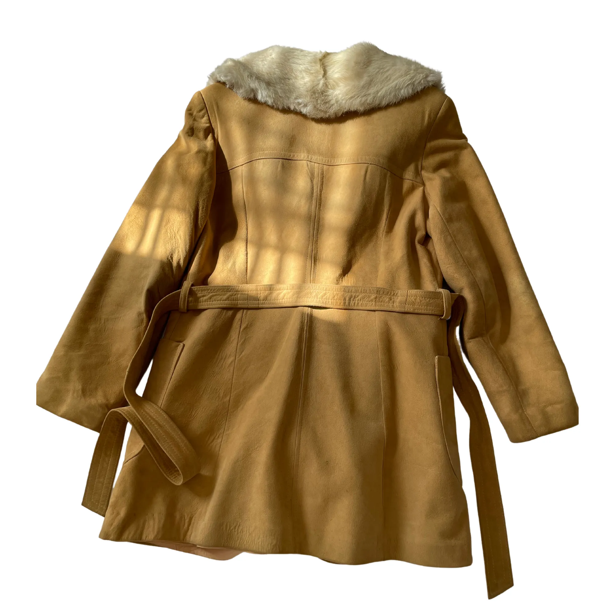 Beige 70s Suede Coat with Fur Collar