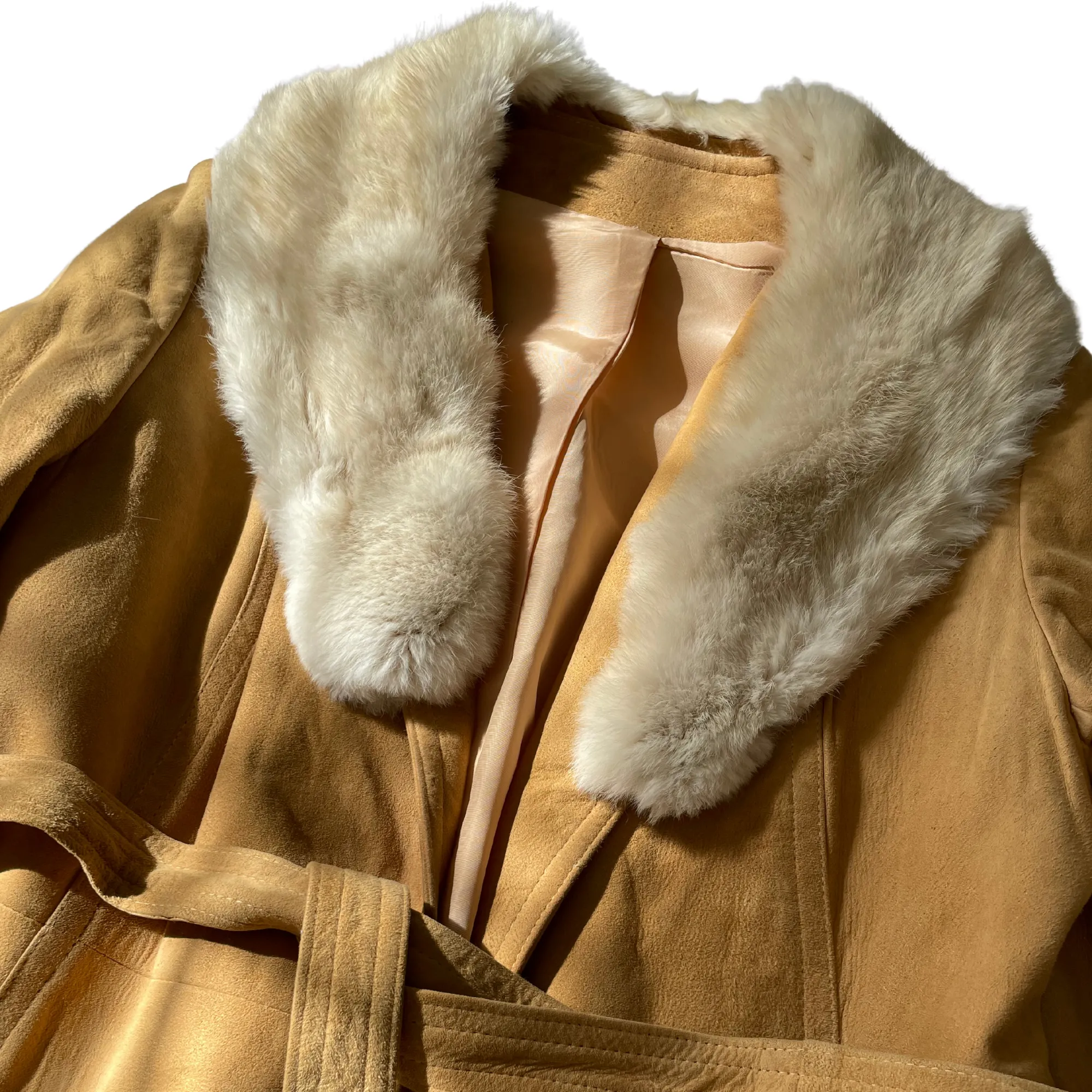 Beige 70s Suede Coat with Fur Collar