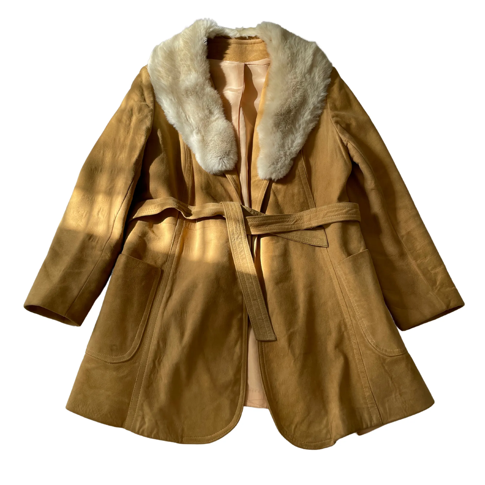 Beige 70s Suede Coat with Fur Collar