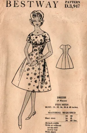 Bestway D.3,947 RARE Womens Full Skirt Shelf Bust Kimono Sleeved Evening Dress 1950s Vintage Sewing Pattern Bust 38 inches UNUSED Factory Folded