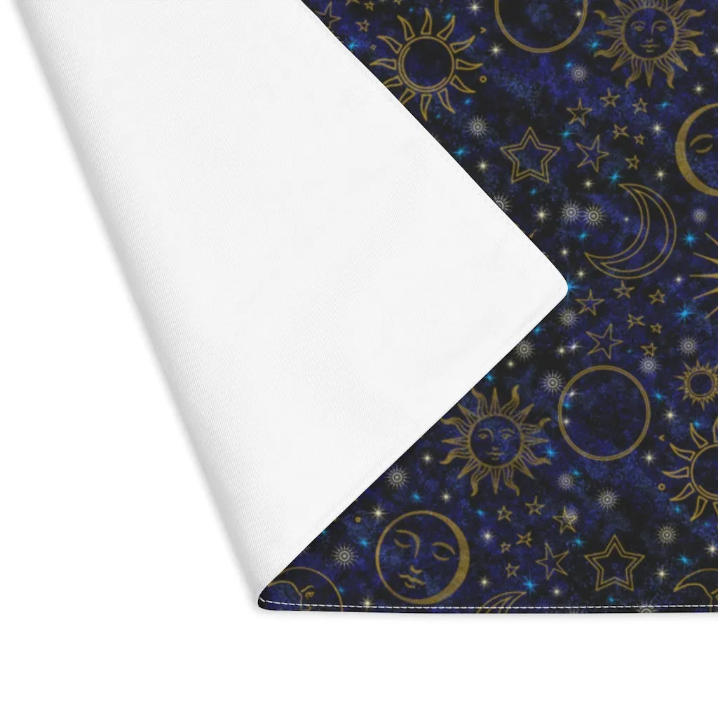 Black Blue Celestial Placemat | Cotton Fabric Placemat 18 x 14 Inches | Witch Home Decor | Suns Moons Stars | Tarot Mat