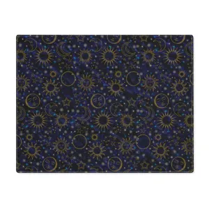 Black Blue Celestial Placemat | Cotton Fabric Placemat 18 x 14 Inches | Witch Home Decor | Suns Moons Stars | Tarot Mat