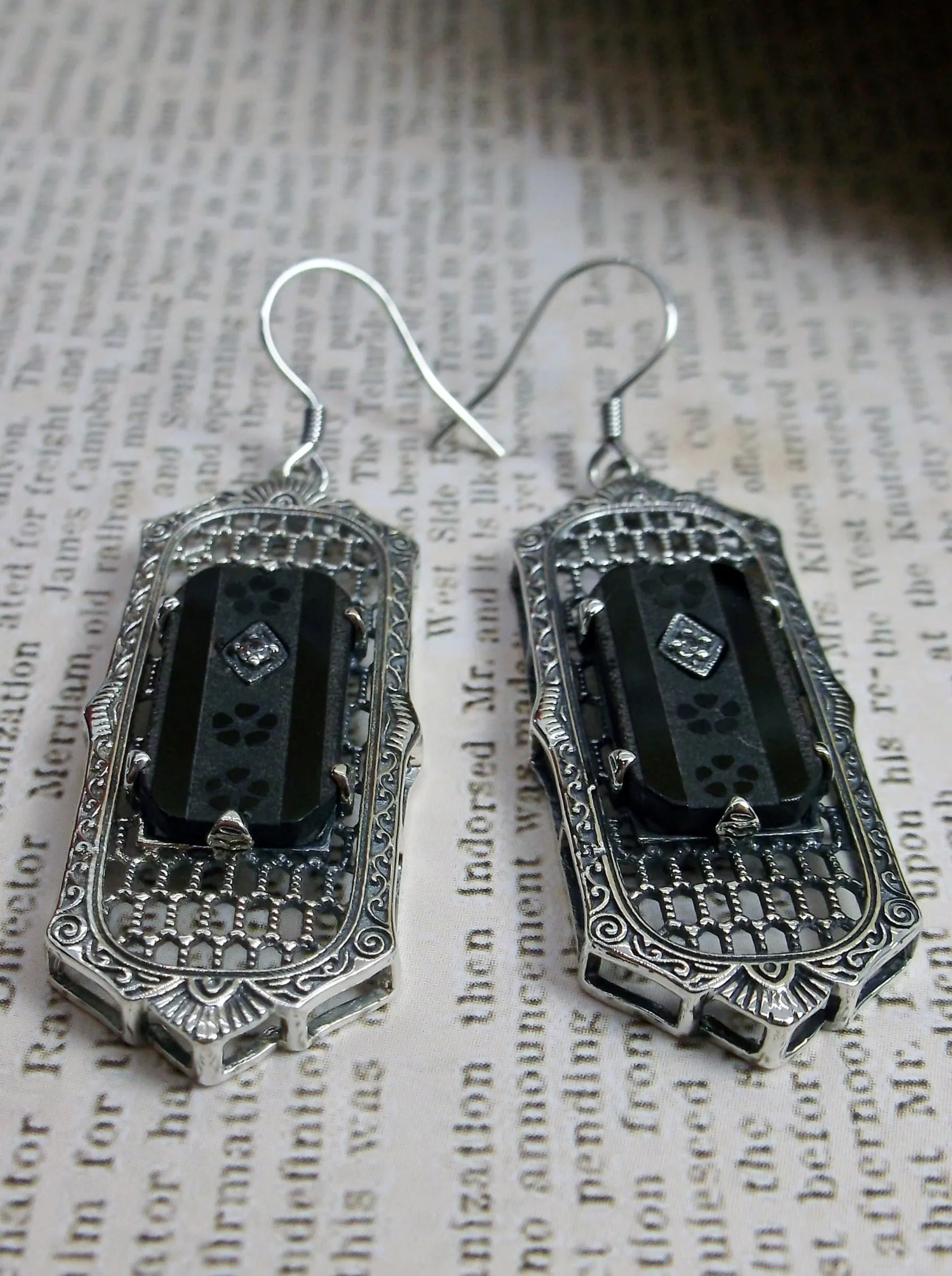 Black Camphor Glass Earrings, Baguette style, 1930s Reproduction Art Deco Jewelry, Design E16