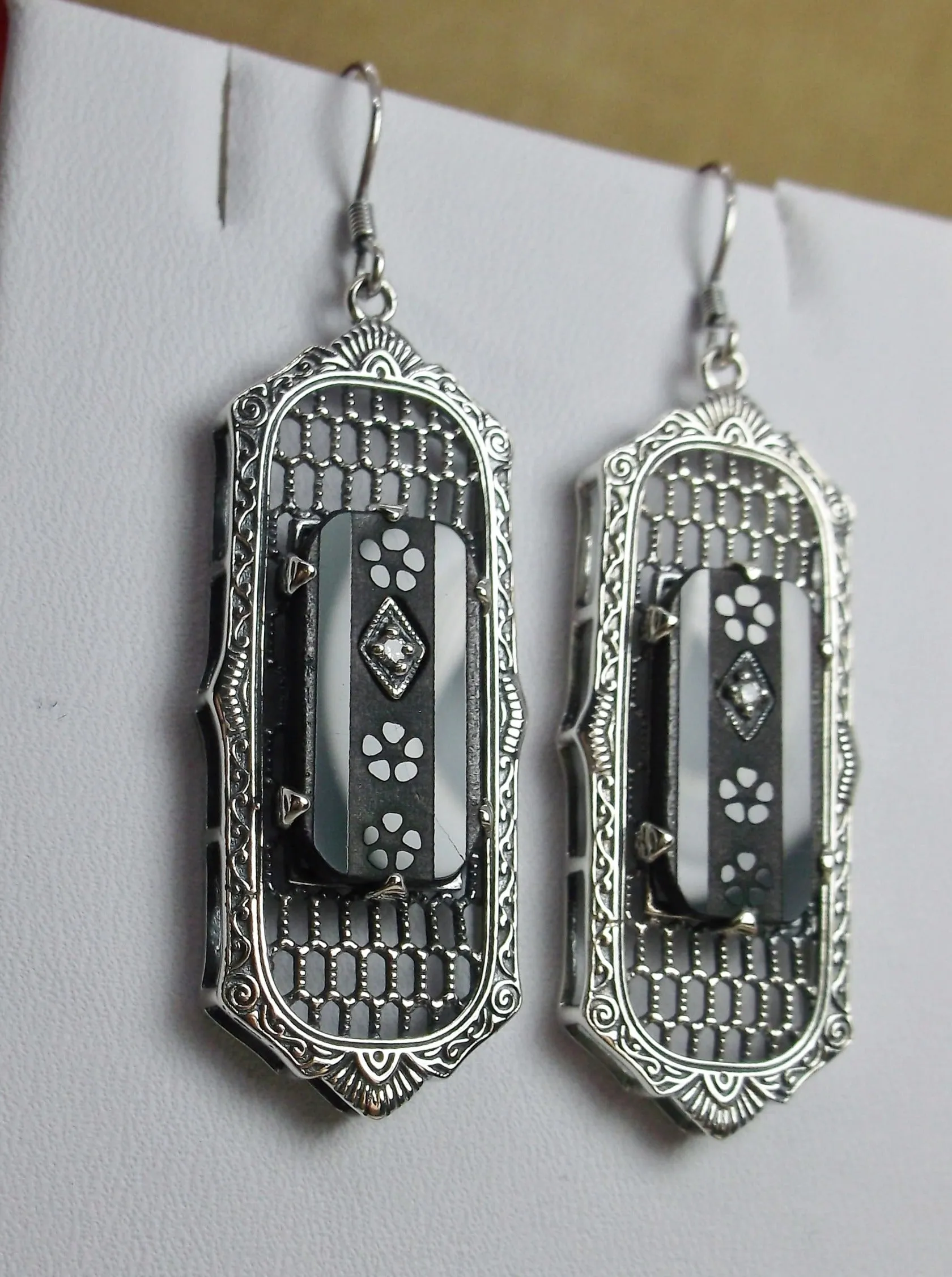 Black Camphor Glass Earrings, Baguette style, 1930s Reproduction Art Deco Jewelry, Design E16