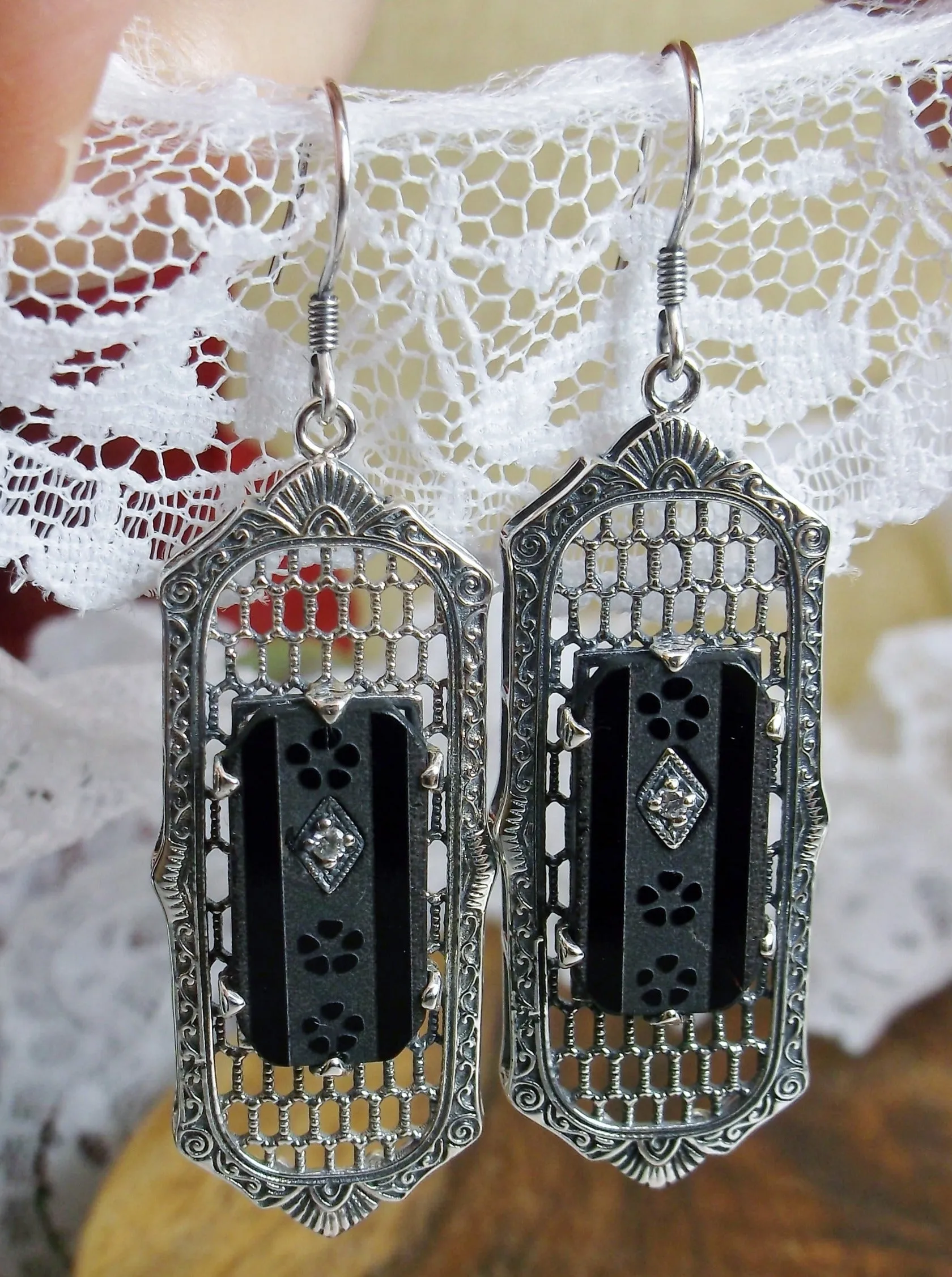 Black Camphor Glass Earrings, Baguette style, 1930s Reproduction Art Deco Jewelry, Design E16