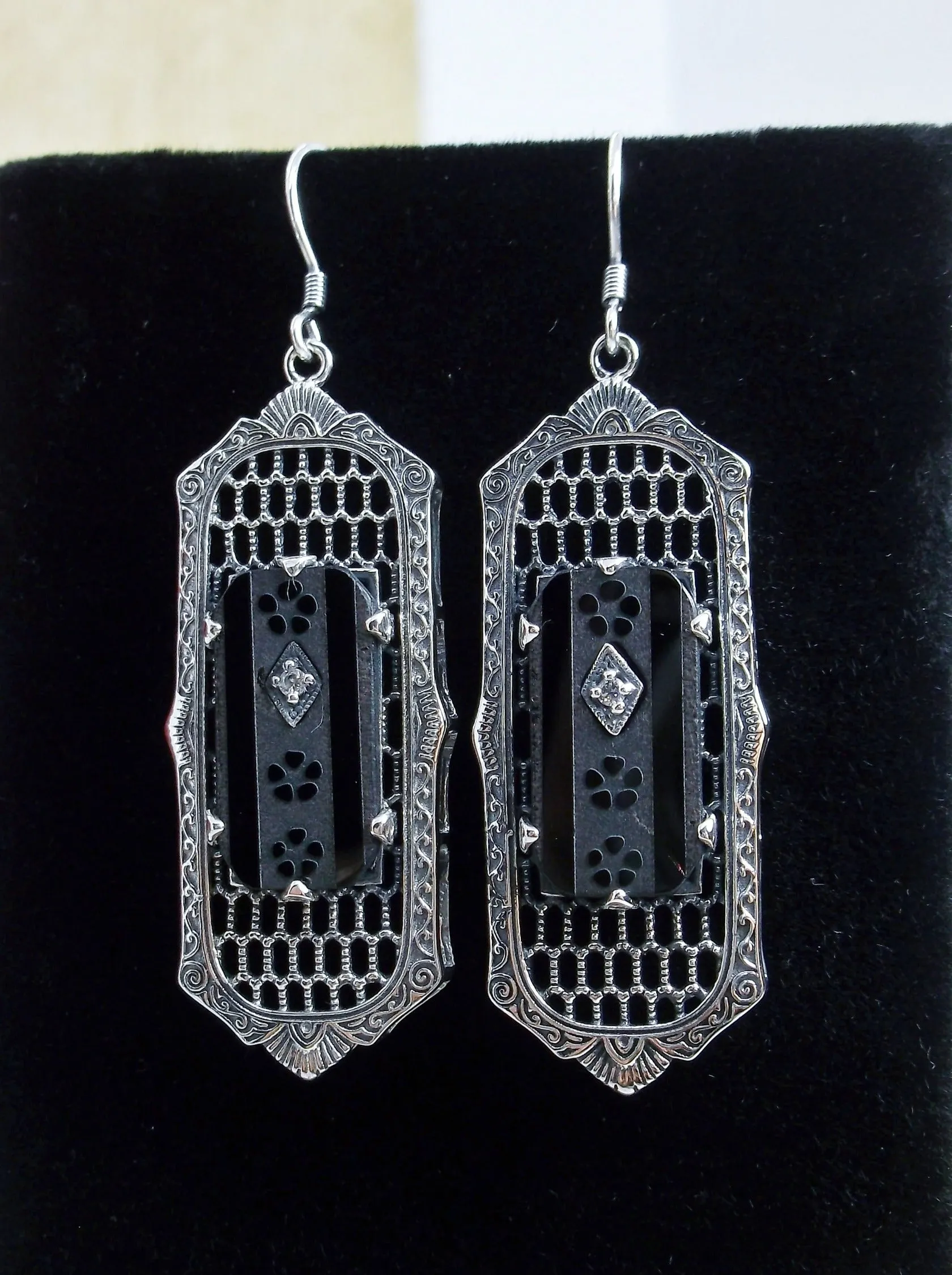 Black Camphor Glass Earrings, Baguette style, 1930s Reproduction Art Deco Jewelry, Design E16