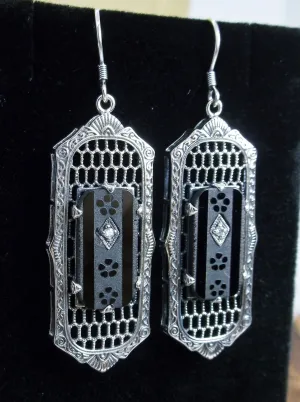 Black Camphor Glass Earrings, Baguette style, 1930s Reproduction Art Deco Jewelry, Design E16