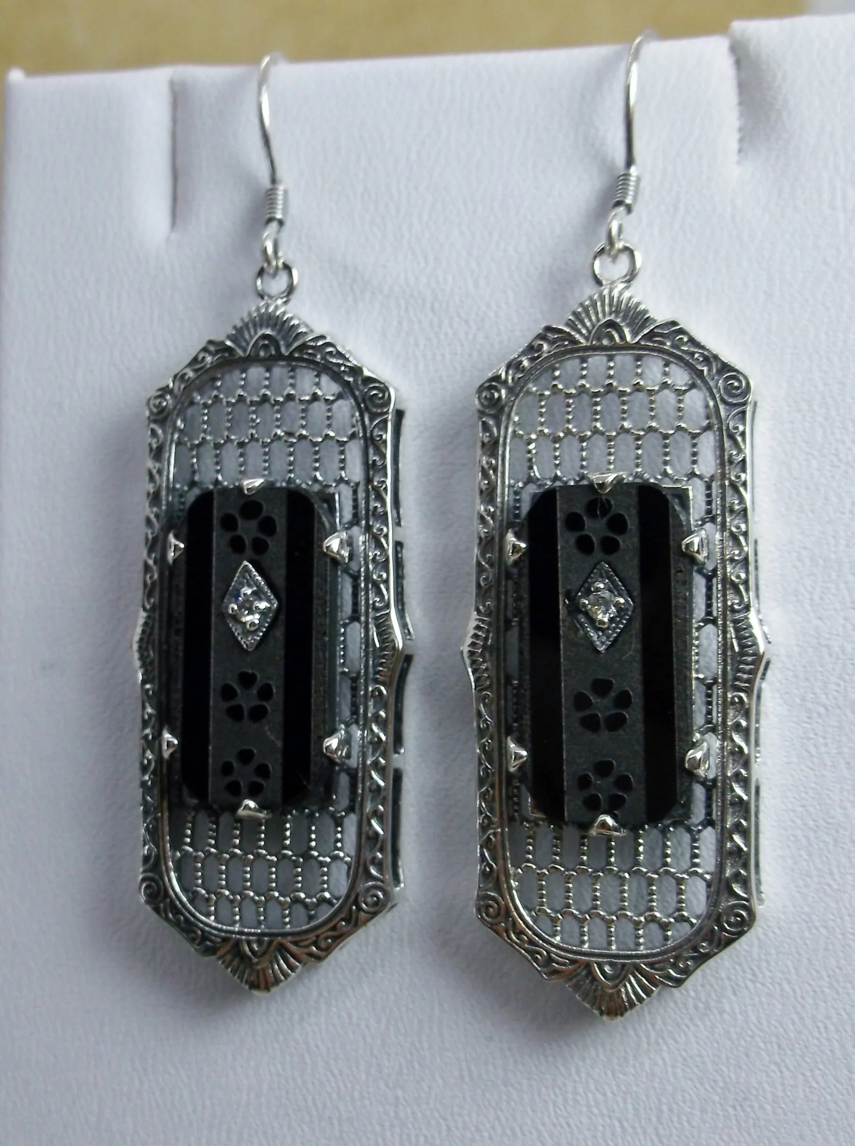 Black Camphor Glass Earrings, Baguette style, 1930s Reproduction Art Deco Jewelry, Design E16