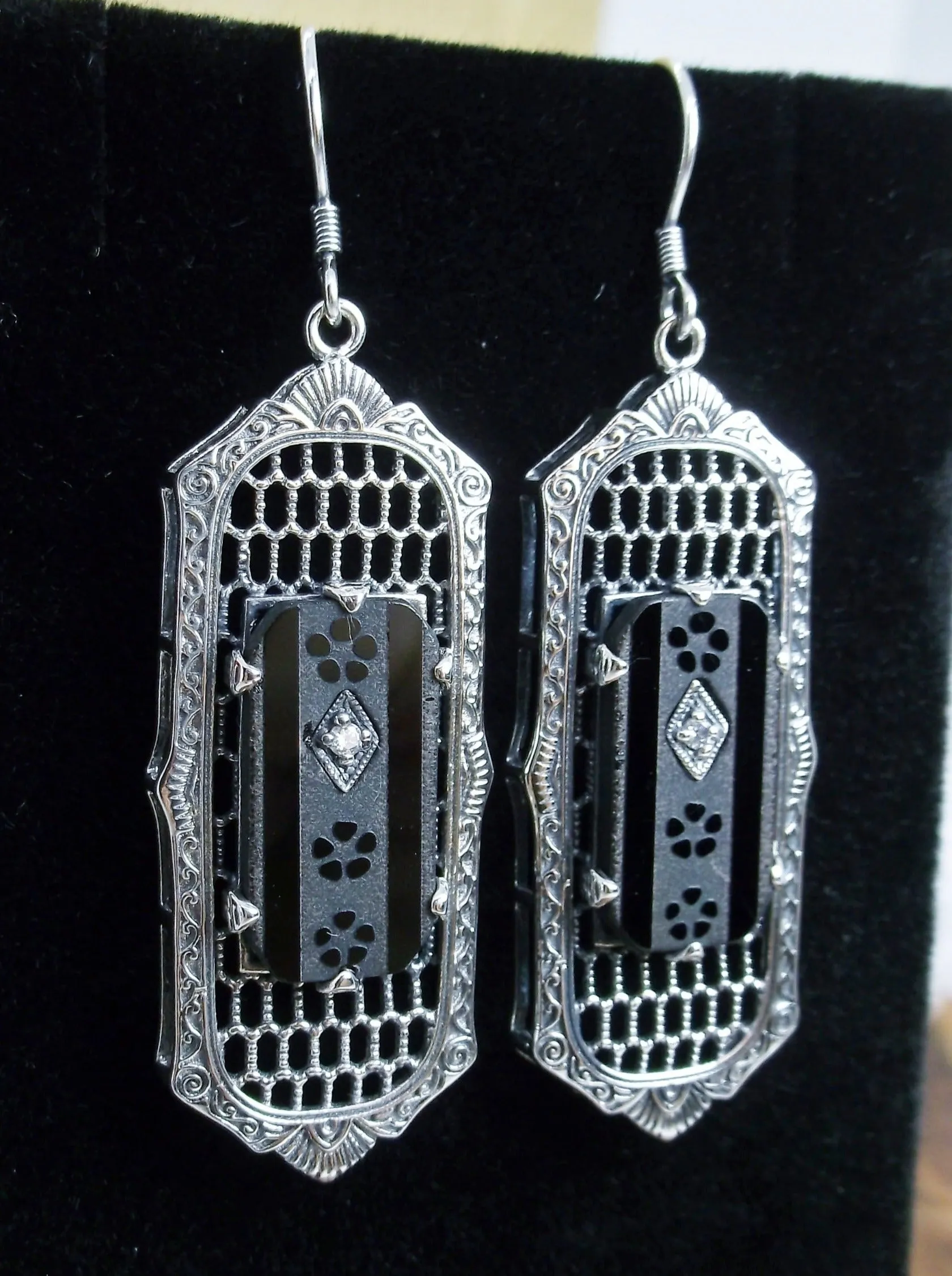 Black Camphor Glass Earrings, Baguette style, 1930s Reproduction Art Deco Jewelry, Design E16