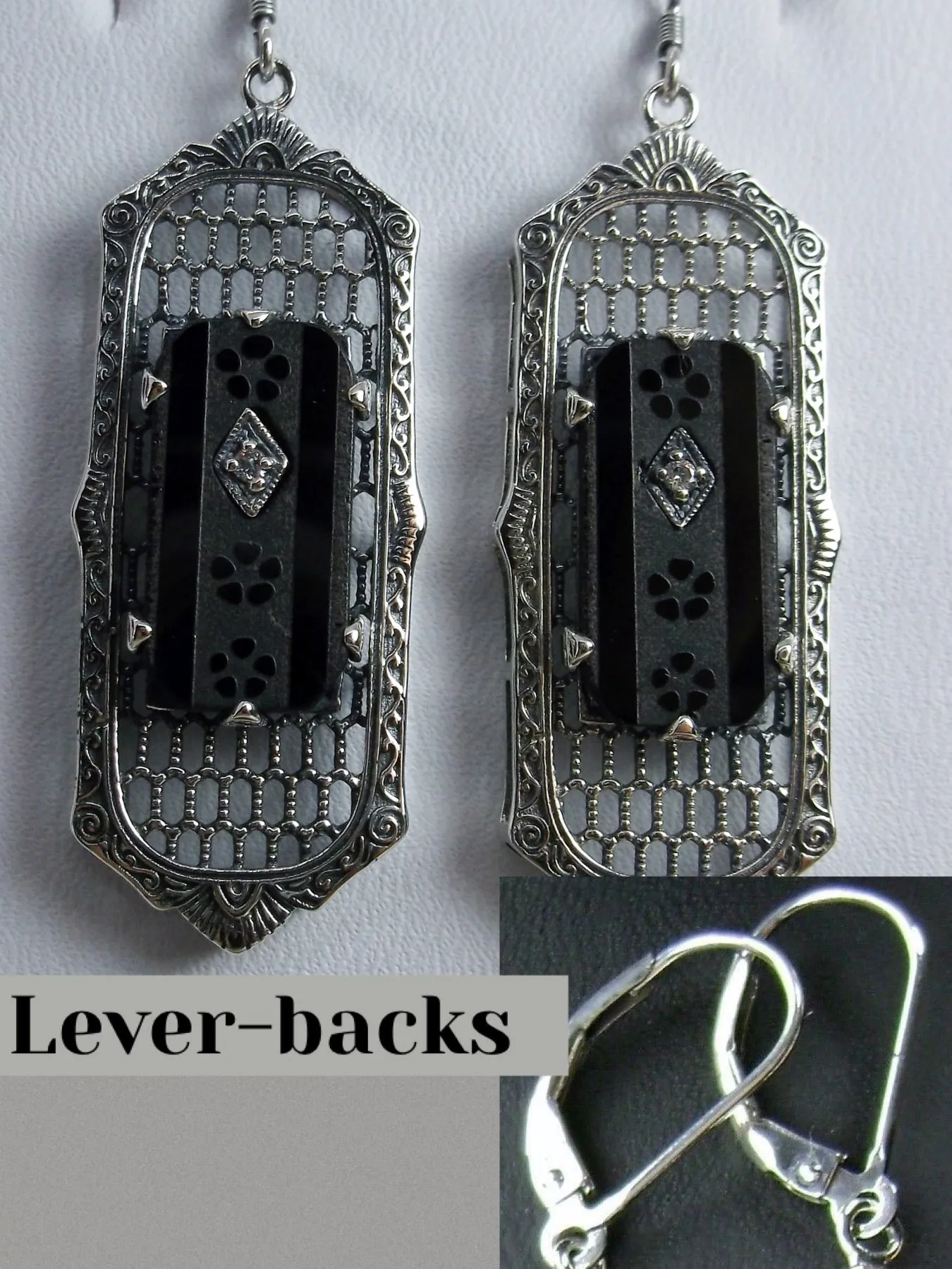 Black Camphor Glass Earrings, Baguette style, 1930s Reproduction Art Deco Jewelry, Design E16