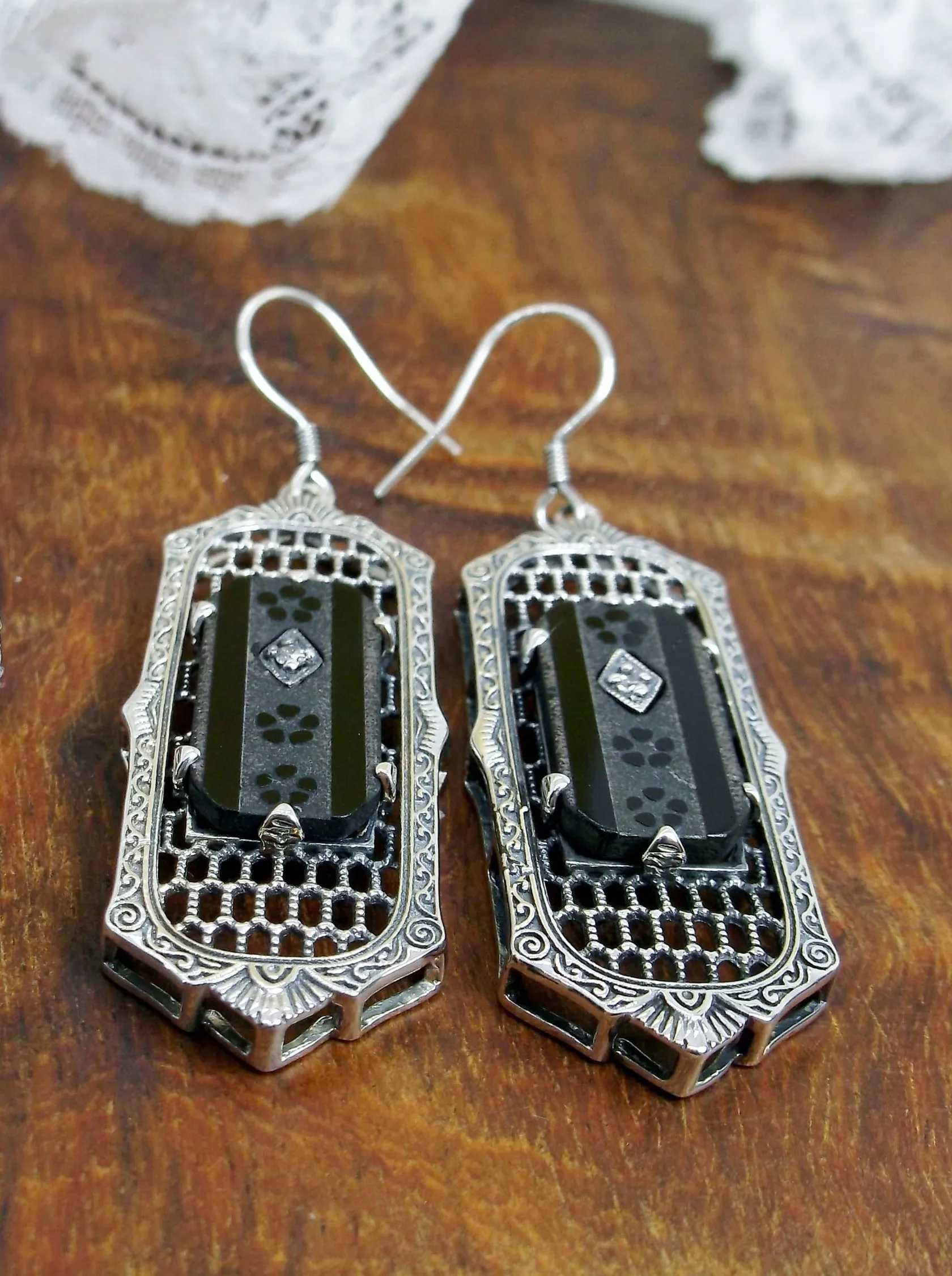 Black Camphor Glass Earrings, Baguette style, 1930s Reproduction Art Deco Jewelry, Design E16