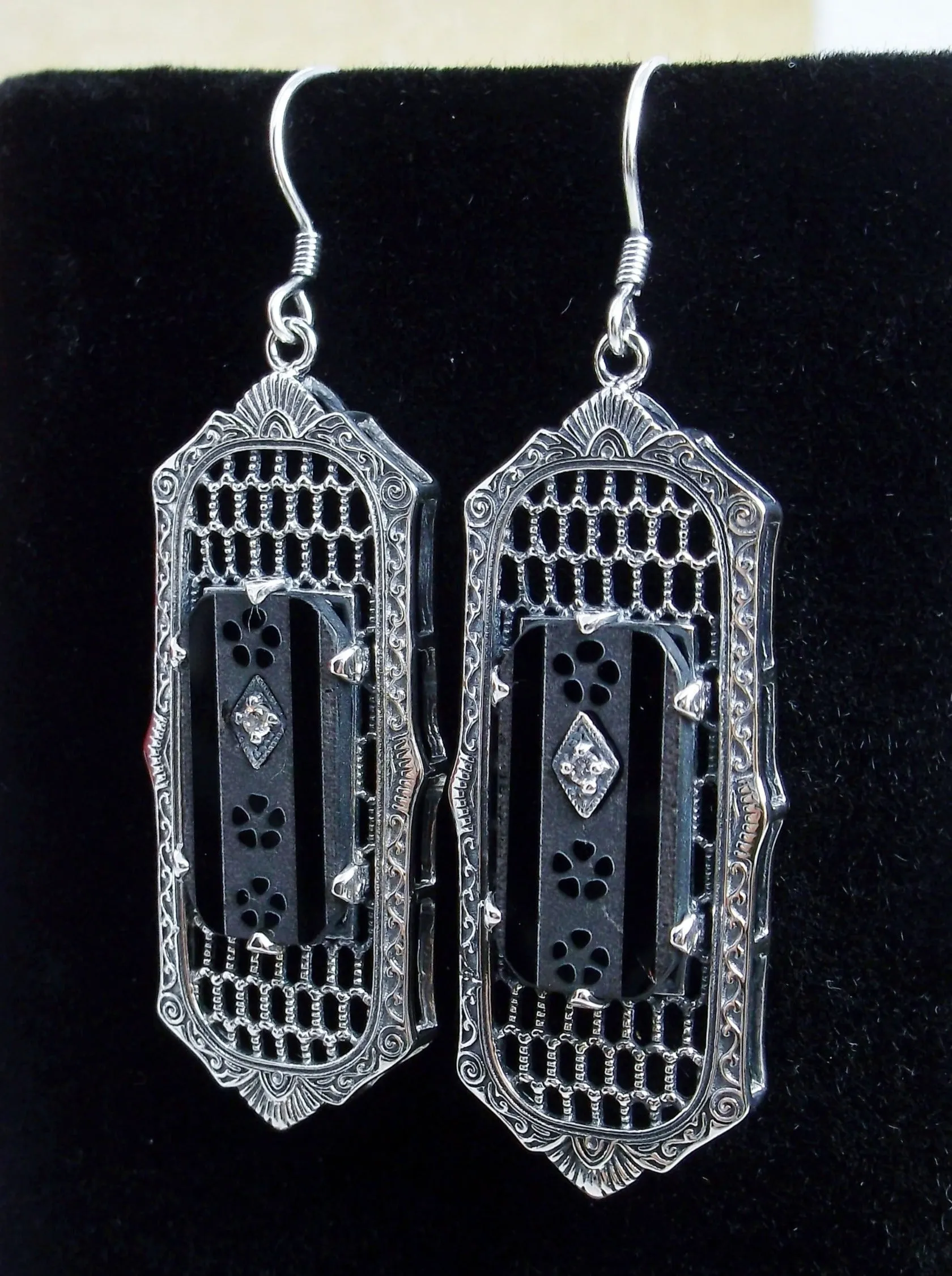 Black Camphor Glass Earrings, Baguette style, 1930s Reproduction Art Deco Jewelry, Design E16