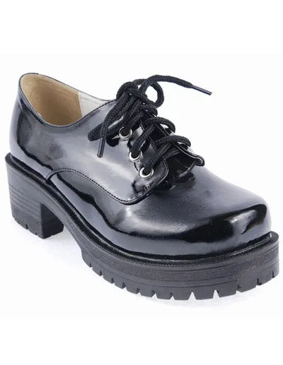 Black Lace-Up Round Toe Square Heel Patent Leather Lolita Shoes