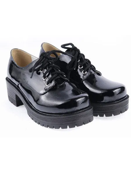 Black Lace-Up Round Toe Square Heel Patent Leather Lolita Shoes