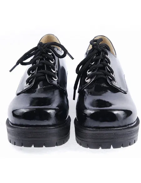 Black Lace-Up Round Toe Square Heel Patent Leather Lolita Shoes