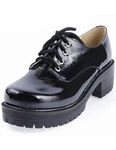 Black Lace-Up Round Toe Square Heel Patent Leather Lolita Shoes