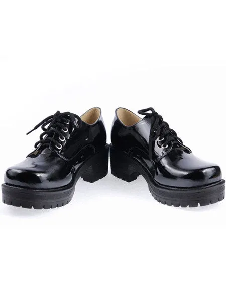 Black Lace-Up Round Toe Square Heel Patent Leather Lolita Shoes