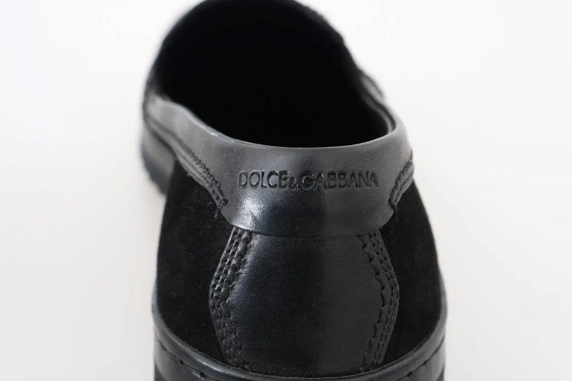 Black Leather Crown Embroidery Loafers