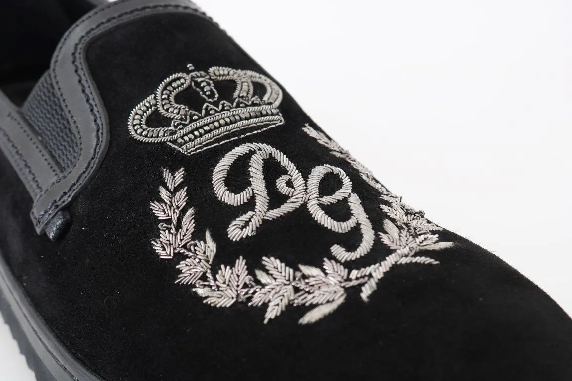 Black Leather Crown Embroidery Loafers